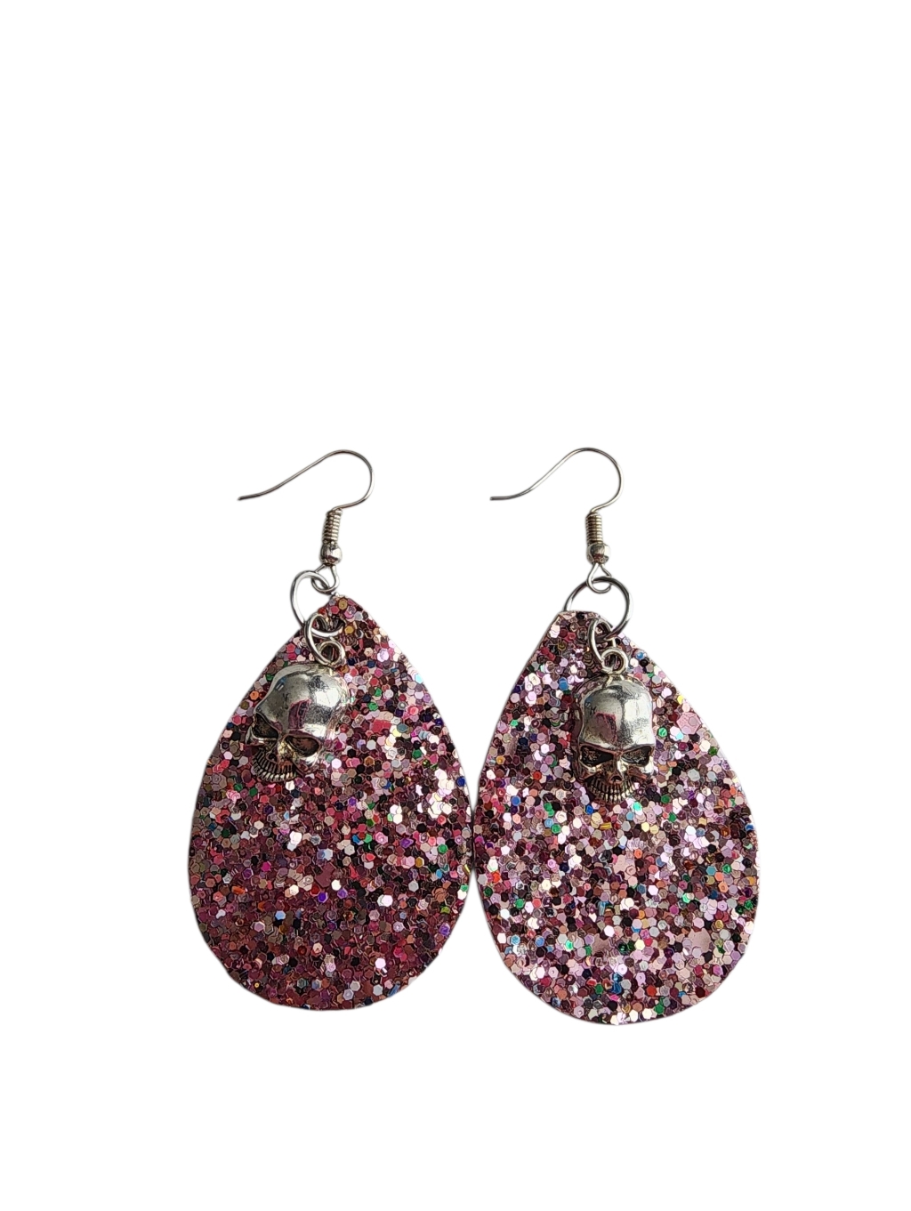 (4)Pink Glitter Teardrop Earrings With Silver Skull Accent